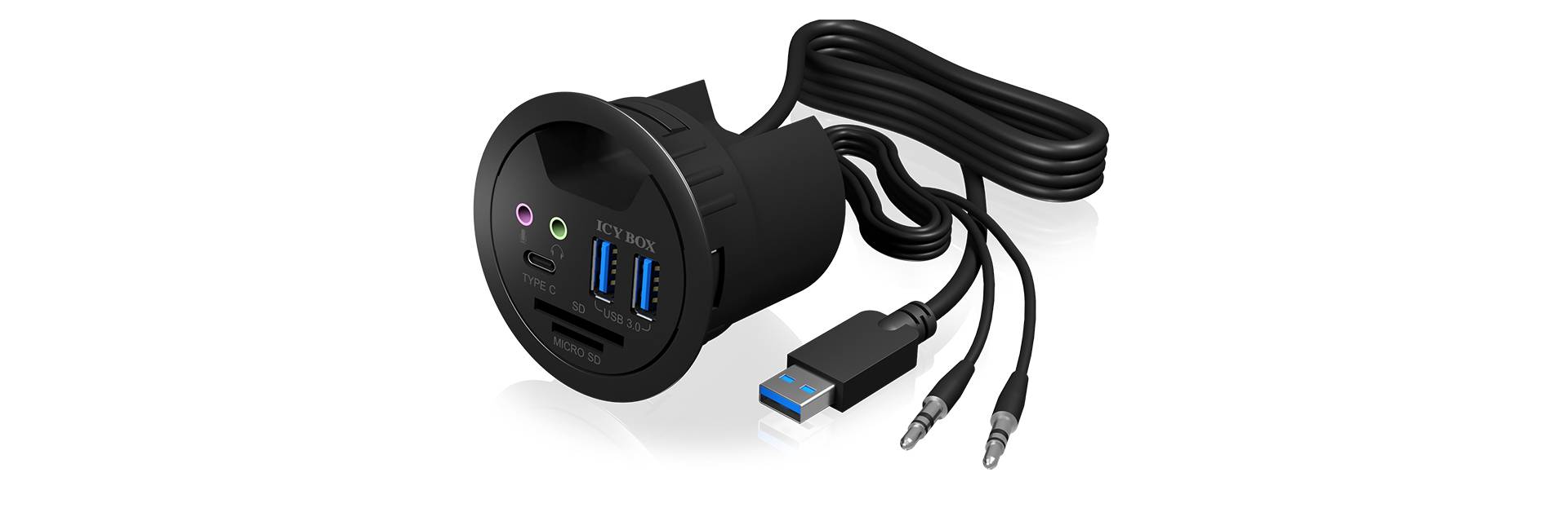 Guľatý USB hub s dvoma USB 3.0 portami, čítačkou SD kariet, konektormi pre slúchadlá a mikrofón. S pevným káblom a USB zástrčkou.