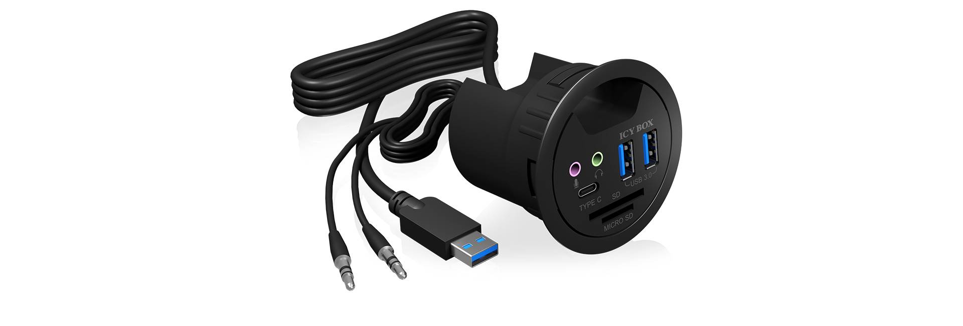 Čierna USB rozbočovacia lišta so systémom na zabudovanie, vybavená dvoma USB 3.0 portami, audio konektormi a USB káblom.