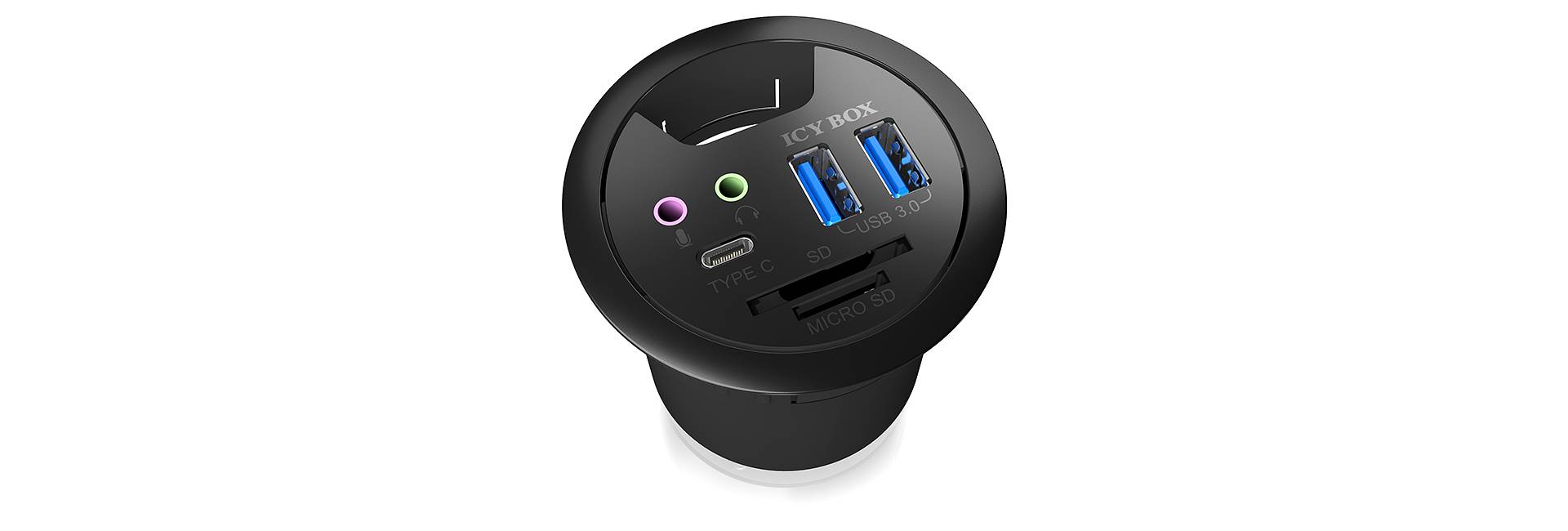 Čierny USB hub s viacerými portami vrátane USB 3.0, USB-C, audio konektorov a slotu na SD kartu. Ideálny pre pripojenia k počítaču.