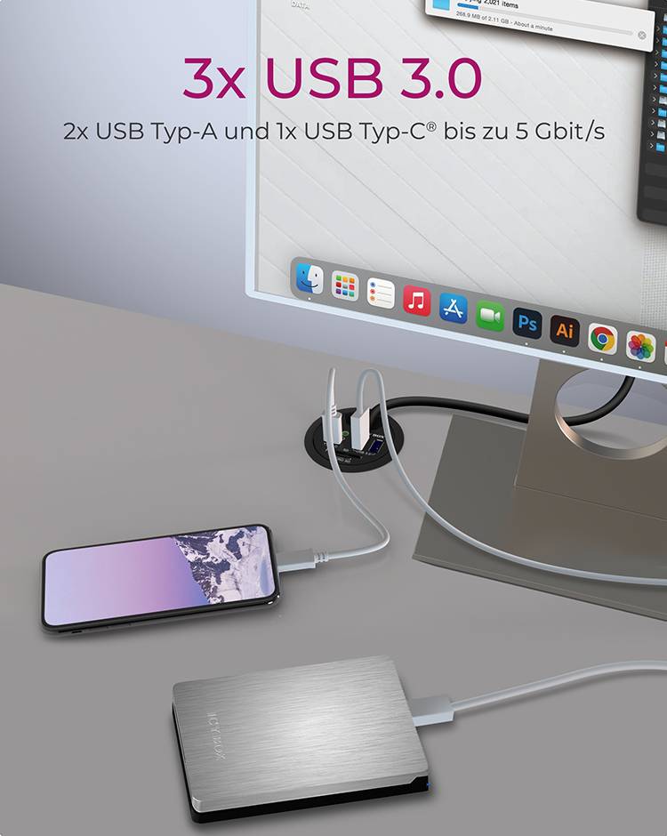 '3x USB 3.0: 2x USB Typ-A a 1x USB Typ-C až do 5 Gbit/s.' Monitor s pripojenými zariadeniami znázorňuje použitie portov.