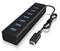 Čierny USB hub so siedmimi USB portami, prepojený káblom s USB-C konektorom. Vhodný pre pripojenie viacerých zariadení.