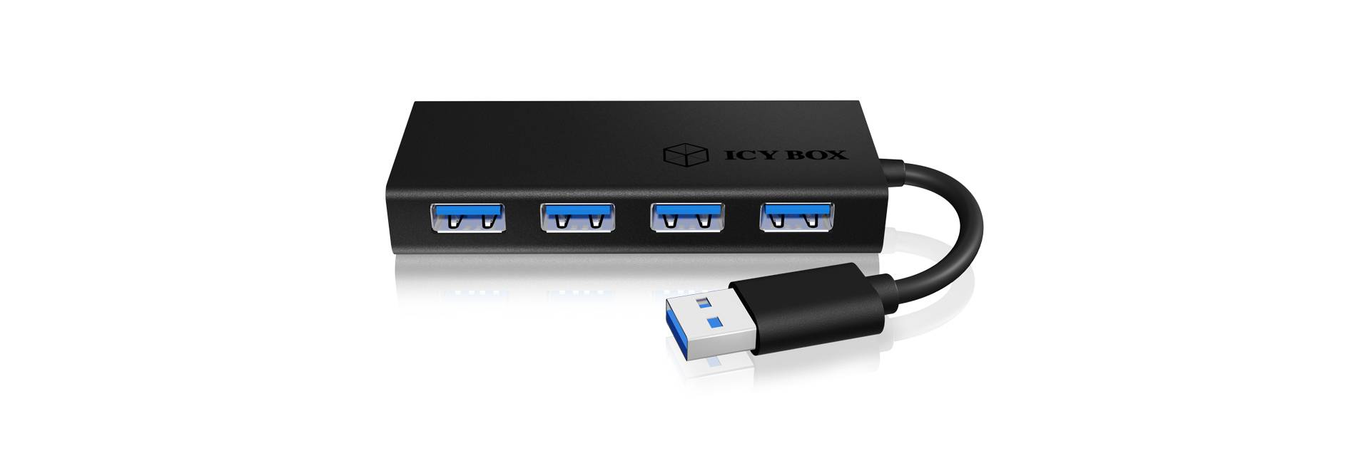 Čierny USB hub so štyrmi modrými USB portami a káblom, označený nápisom 'ICY BOX'.