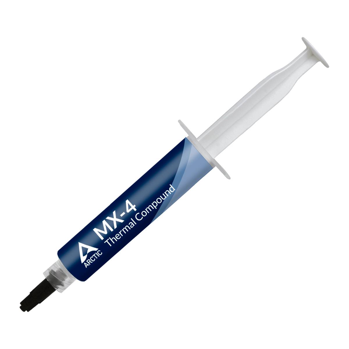 Injekčná striekačka s tepelnou pastou, označená ako 'MX-4 Arctic Thermal Compound', používaná na odvod tepla v elektronických zariadeniach.