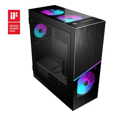 Čierna PC skrinka s RGB ventilátormi a sklenenými prvkami, ocenená iF Design Award 2020.