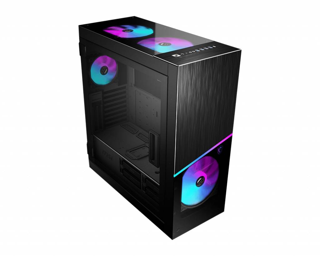 Čierna PC skrinka s viditelnými ventilátormi, ktoré svietia modro a fialovo. Sklenený panel odhaľuje vnútornú techniku.