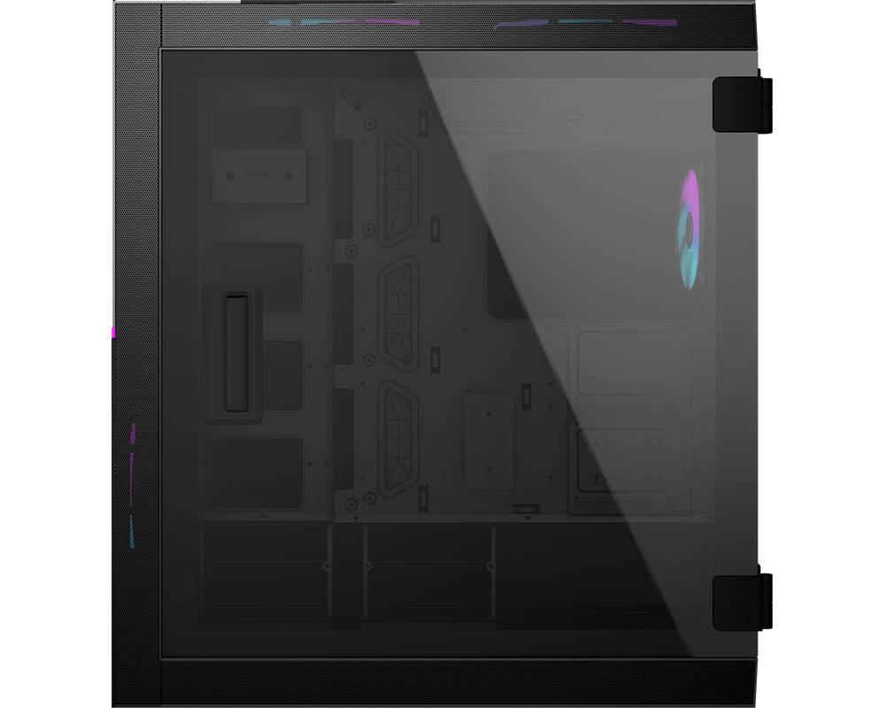 Čierna počítačová skrinka s priesvitným bočným oknom. Osvetlené ventilátory a rôzne RGB svetelné efekty sú viditeľné.