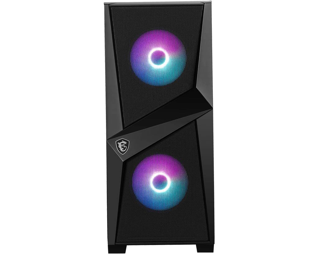Čierna počítačová skrinka s dvoma svietiacimi RGB ventilátormi, ktoré žiaria v dúhových farbách. V hornej časti sa nachádza logo.