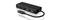Čierny USB hub s dvoma USB-C a dvoma USB-A portmi vrátane integrovaného kábla, ktorý sa pripája k zariadeniu.