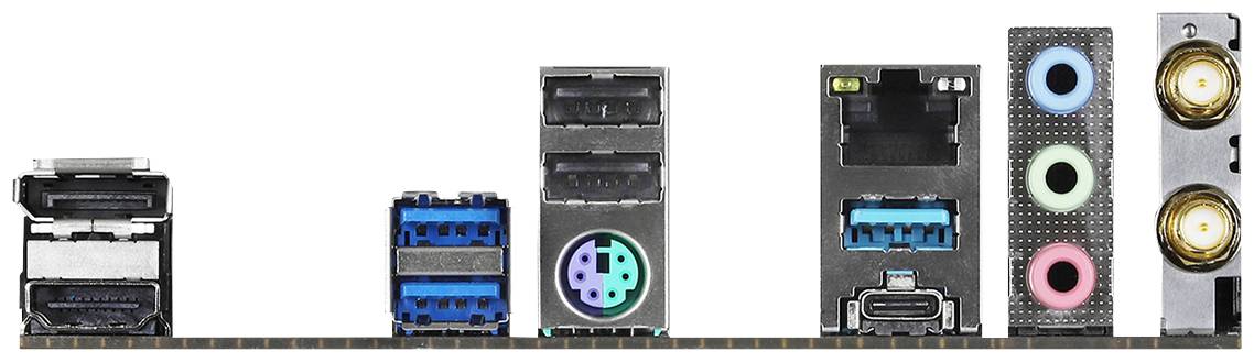 'Zadná strana počítačovej základnej dosky s rôznymi konektormi vrátane HDMI, USB, PS/2, Ethernet, Audio a Wi-Fi.'