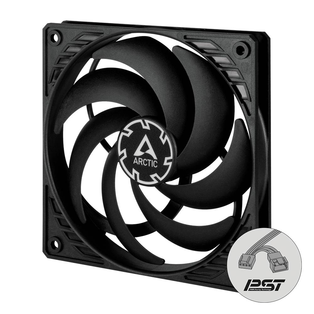 'ARCTIC' ventilátor s čiernym krytom a deviatimi lopatkami, používaný na chladenie PC. Nenápadný v dizajne, výrazné logo v strede.