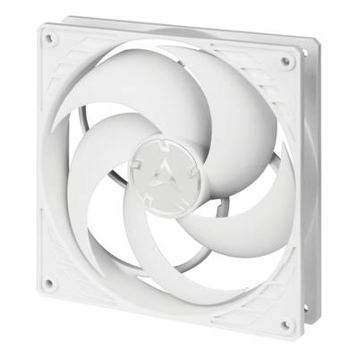 Biely počítačový ventilátor s piatimi aerodynamicky tvarovanými lopatkami, namontovaný v obdĺžnikovom ráme.