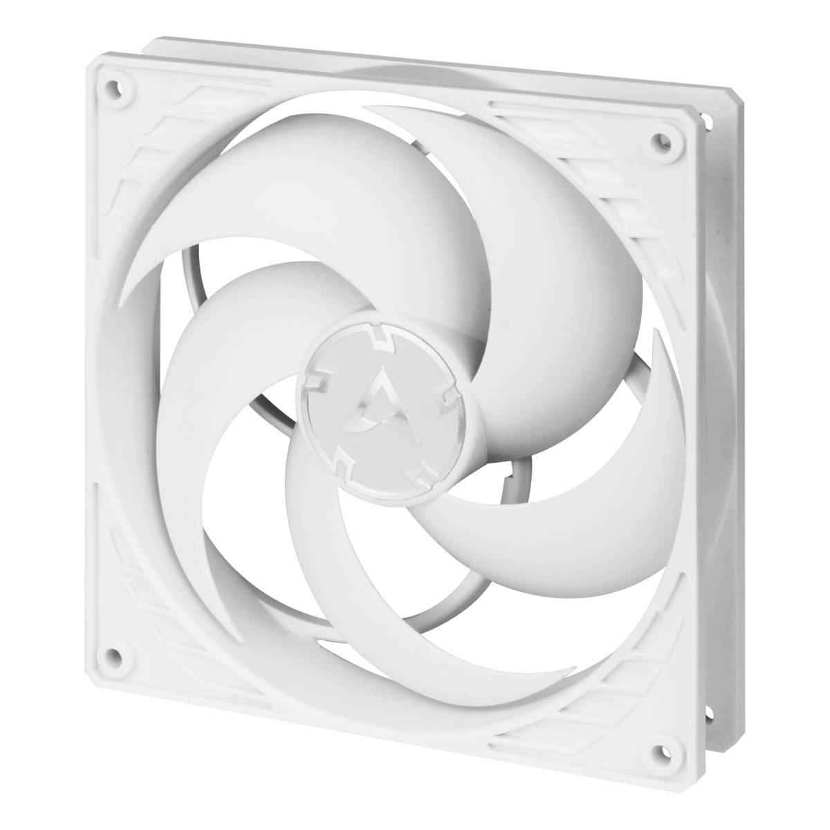 Biely počítačový ventilátor s piatimi zakrivnými rotačnými listami v štvorcovom kryte, vhodný pre inštaláciu do počítačových systémov.