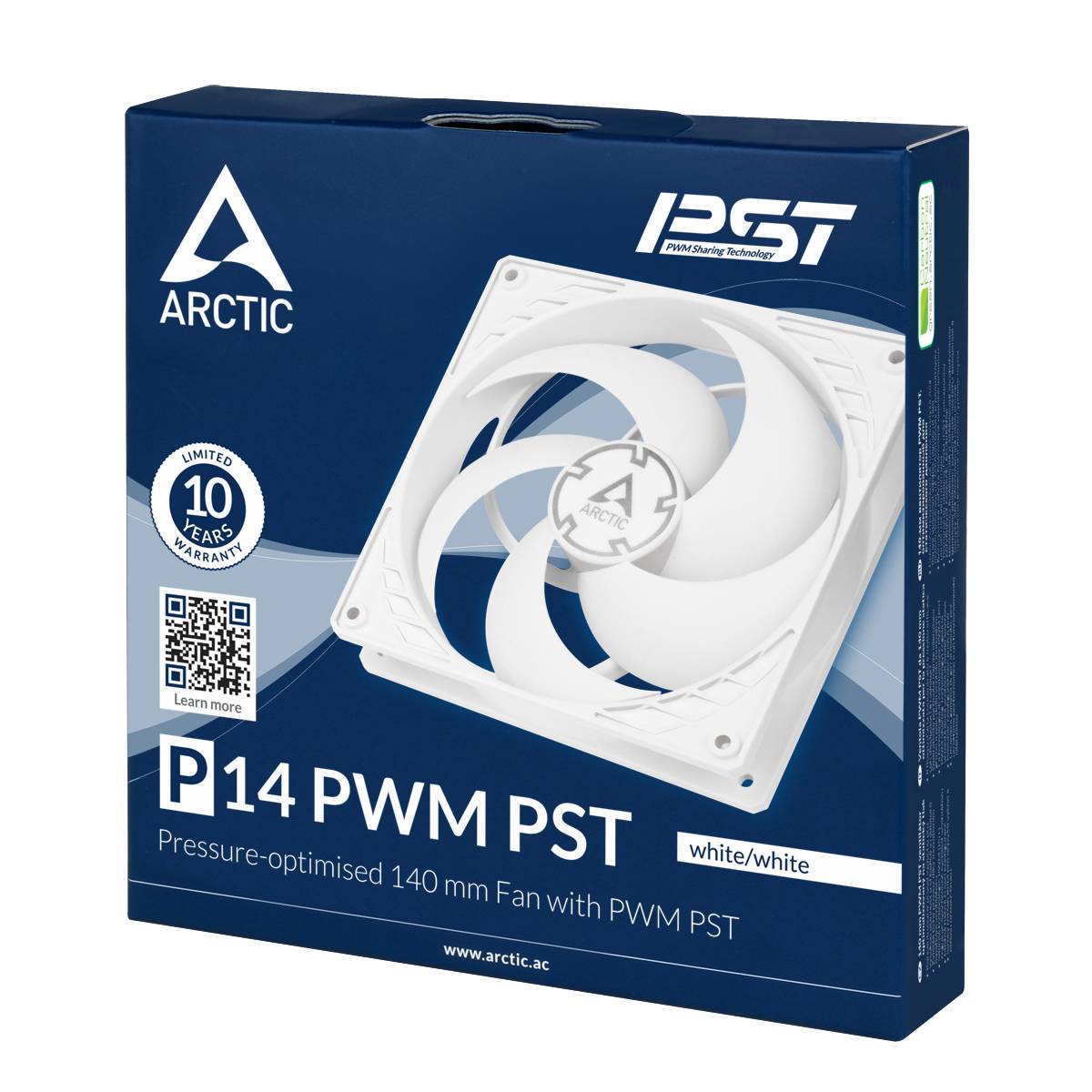 Obal jednotky vetrania Arctic P14 PWM PST, ktorý zdôrazňuje 10-ročnú záruku. Ventilátor má priemer 140 mm, je biely a disponuje PWM PST technológiou.
