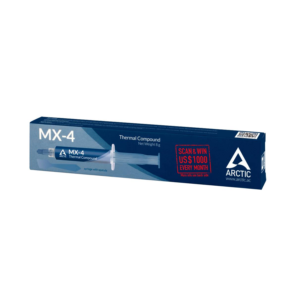 Obal Arctic MX-4 tepelnej pasty. Obsahuje 8g pasty v striekačke. Upozornenie na súťaž: 'Naskenuj & Vyhraj 1000 USD každý mesiac'.