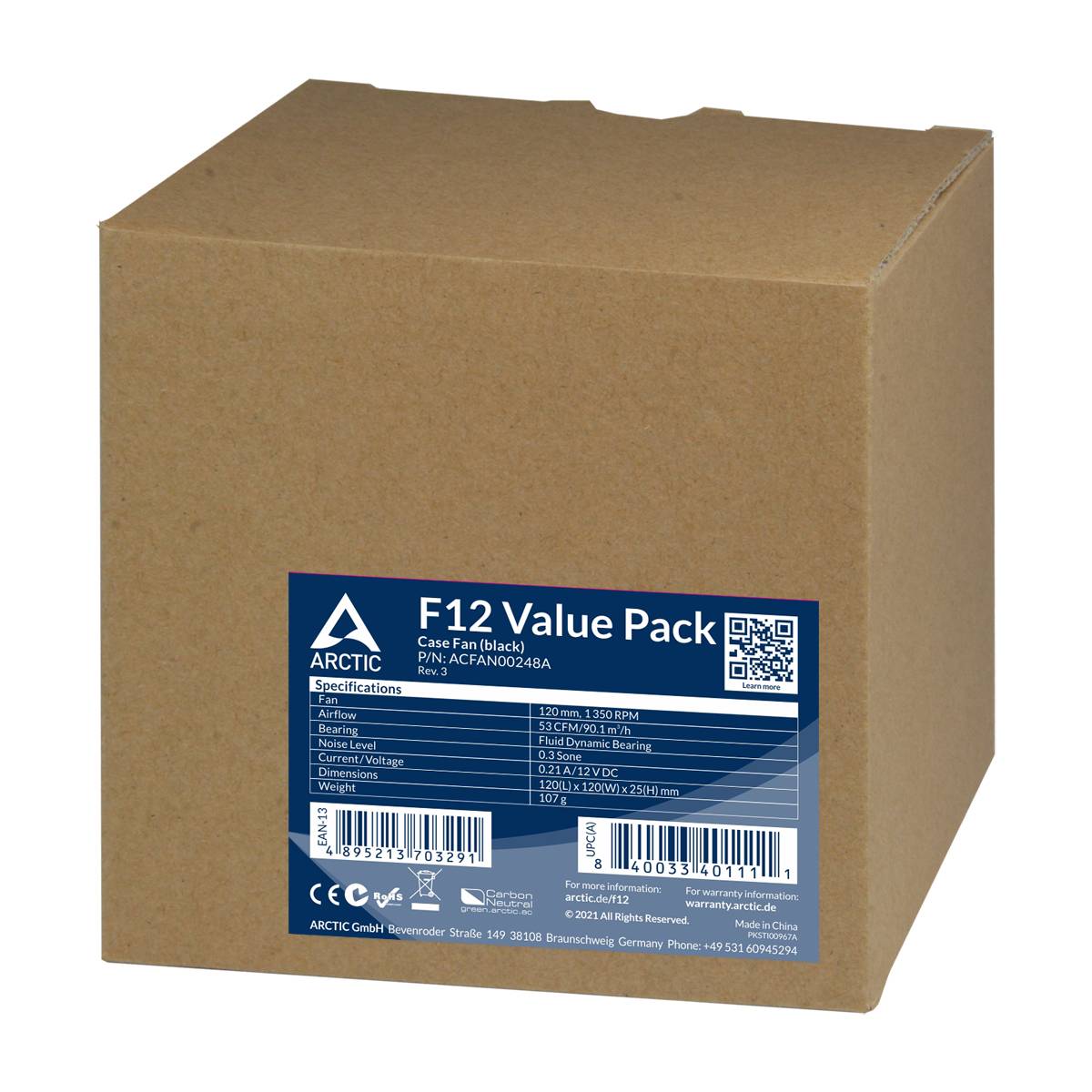 Kartón zobrazuje balenie s nápisom 'F12 Value Pack' od značky Arctic, výrobcu počítačových ventilátorov, s uvedenými špecifikáciami.
