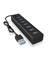 Čierny USB hub so siedmimi modrými USB portami a káblom. Ideálny na pripojenie viacerých zariadení k jednému počítaču.