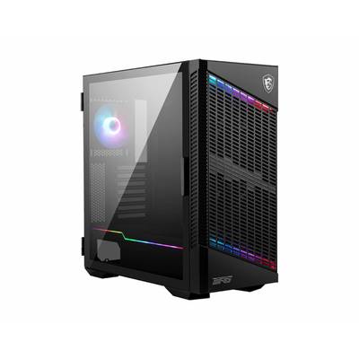 Čierna PC skrinka s priehľadným bočným panelom, cez ktorý je vidieť farebnú vnútornú LED podsvietenie. Logo značky v pravom hornom rohu.