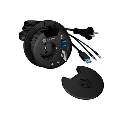 Okrúhla stolová zásuvka od Icy Box s EU zástrčkou, dvoma USB portami, HDMI a audio konektormi.