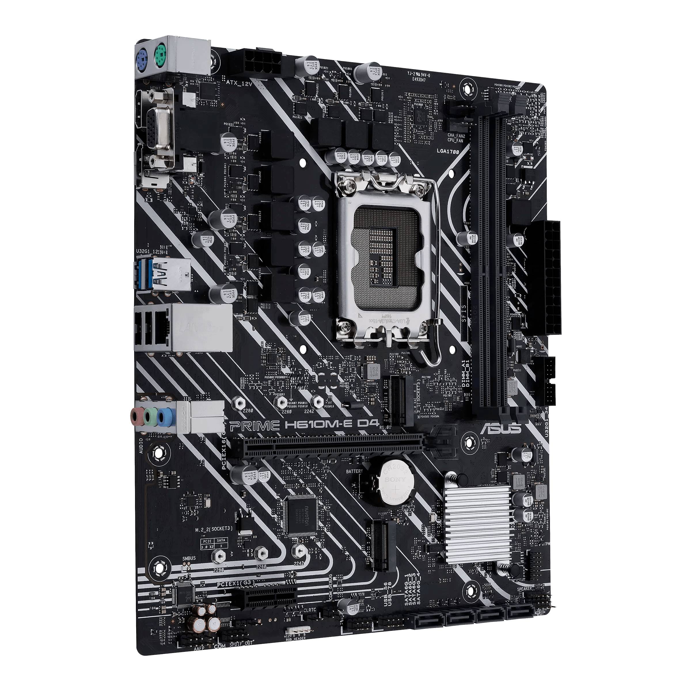 Čierna základná doska (motherboard) s viacerými slotmi a konektormi, vhodná pre počítačové komponenty, model 'ASUS PRIME H610M-E D4'.