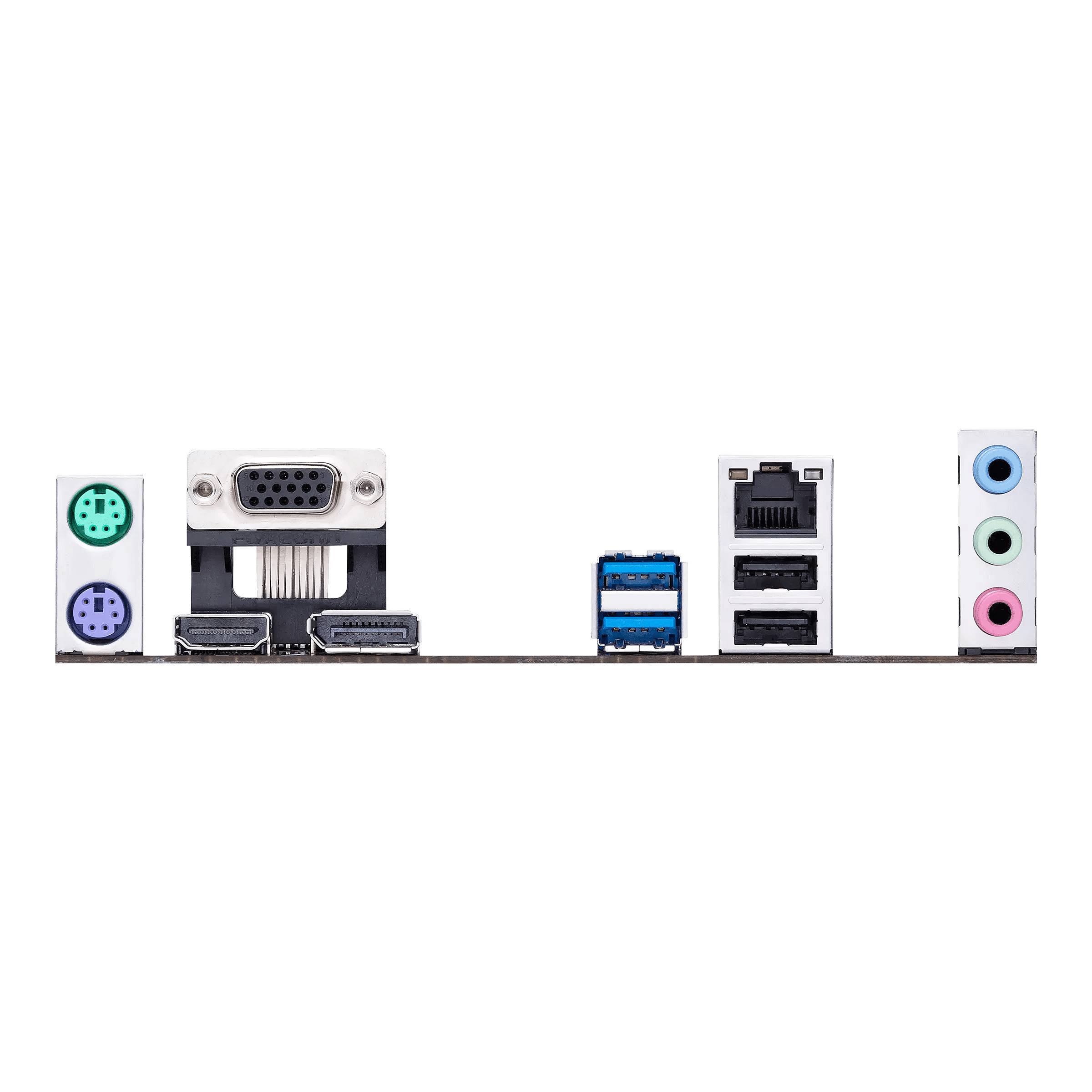 Konektory na základnej doske počítača: Dva PS/2 porty, jeden VGA konektor, dva HDMI porty, USB porty, ethernetový a audio konektory.