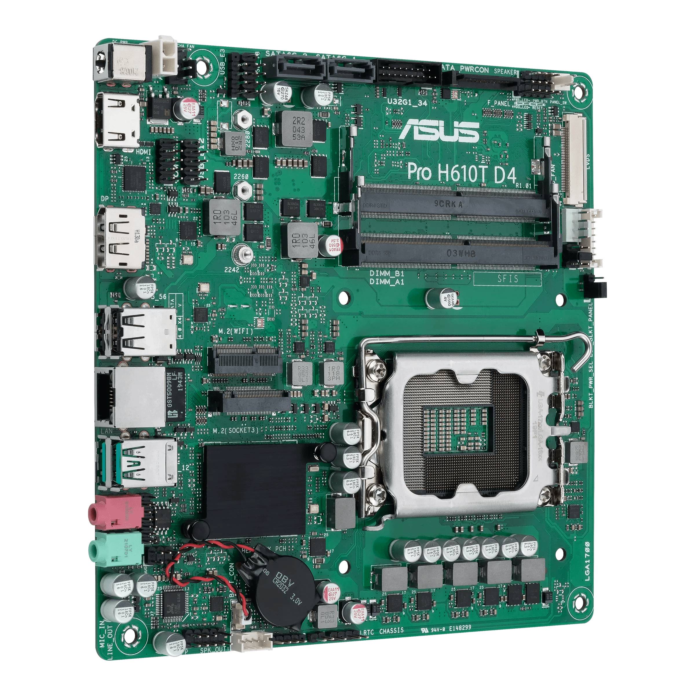 Obrázok zobrazuje základnú dosku Asus Pro H610T D4 so všetkými viditeľnými konektormi, pamäťovými slotmi RAM a päticou pre procesor.