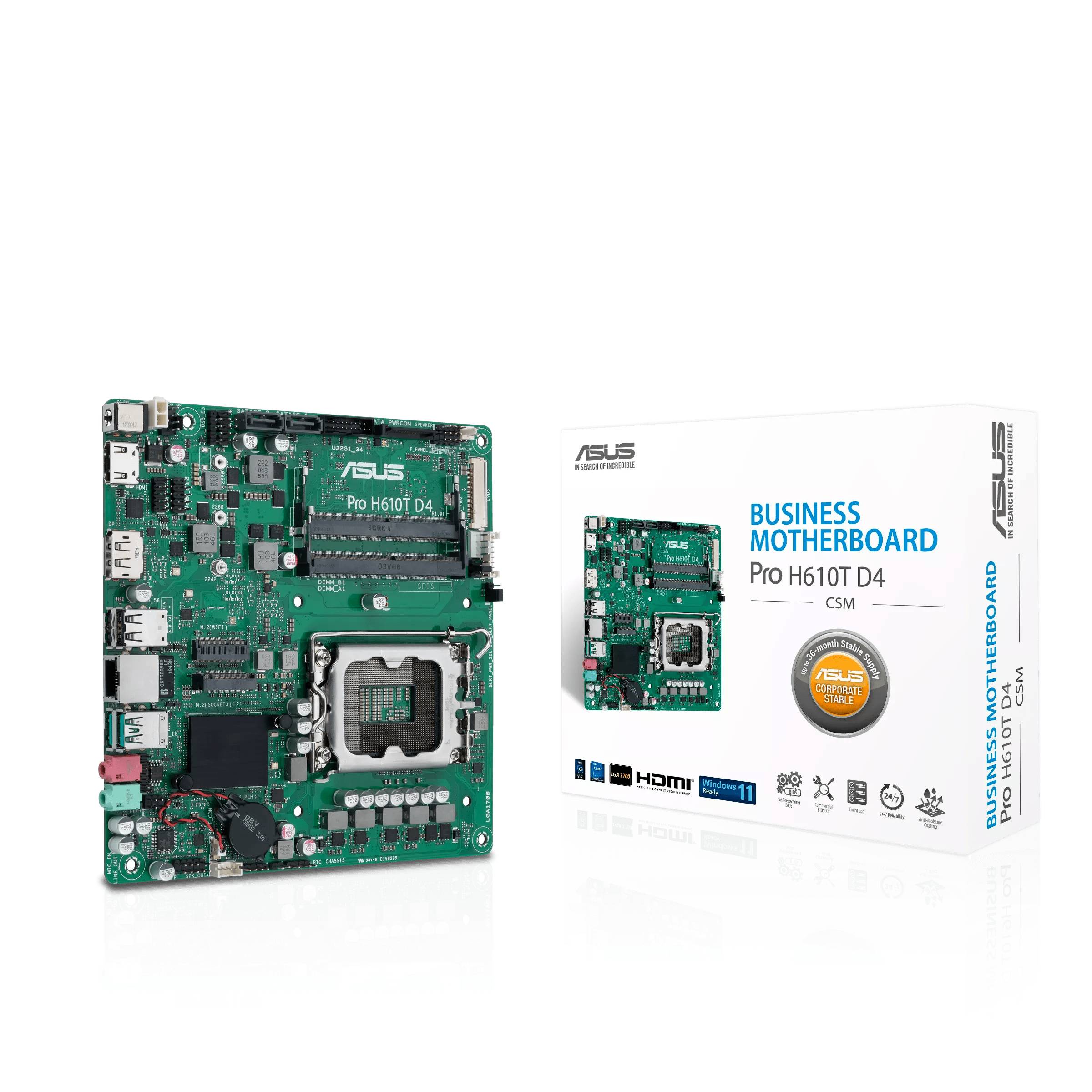 Základná doska Asus Pro H610T D4, zobrazuje zelenú dosku plošných spojov s rôznymi konektormi a slotmi, vedľa ktorej je balenie.