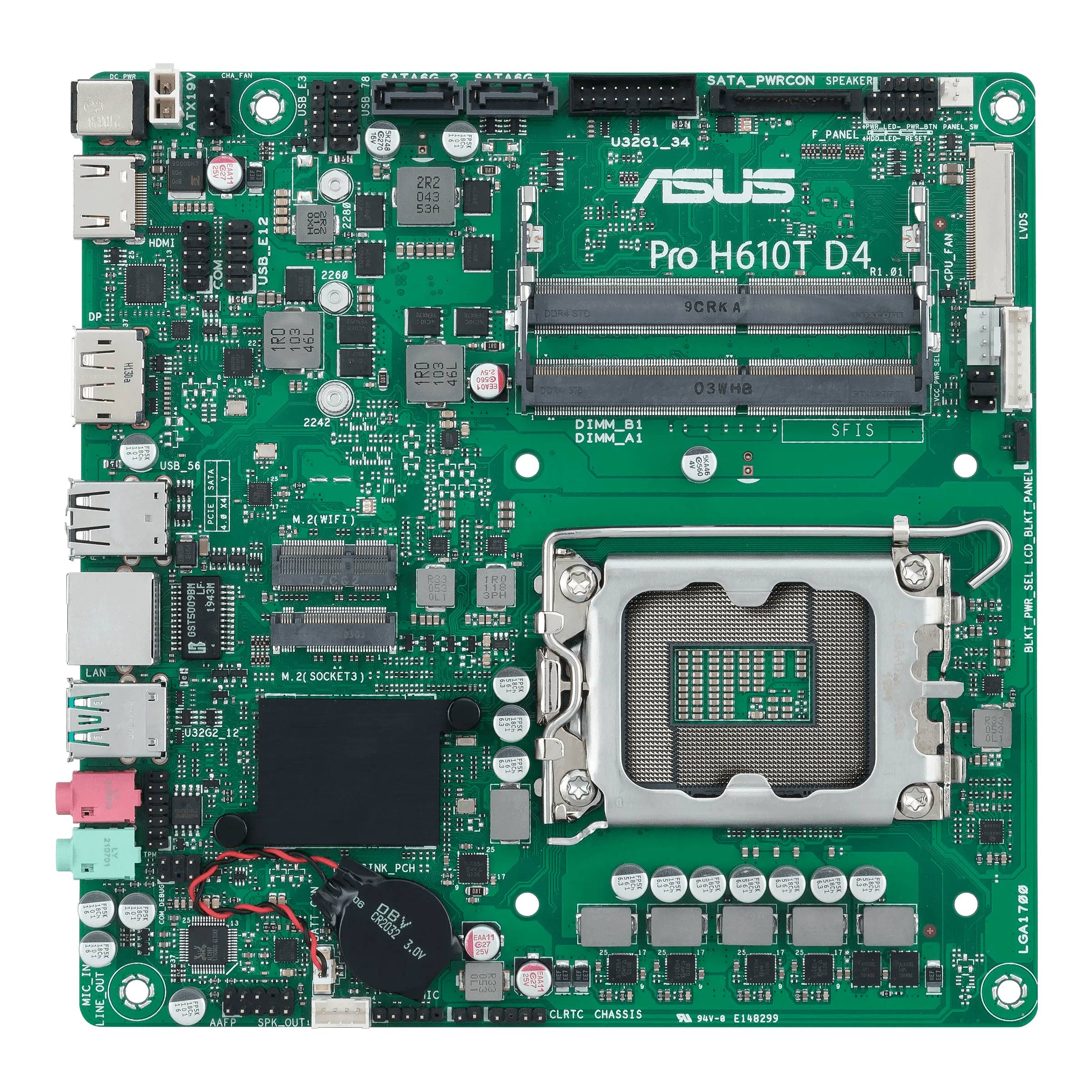 Obrázok zobrazuje základnú dosku ASUS Pro H610T D4. Viditeľné sú sloty pre RAM, pätica procesora, konektory a rôzne elektronické komponenty.