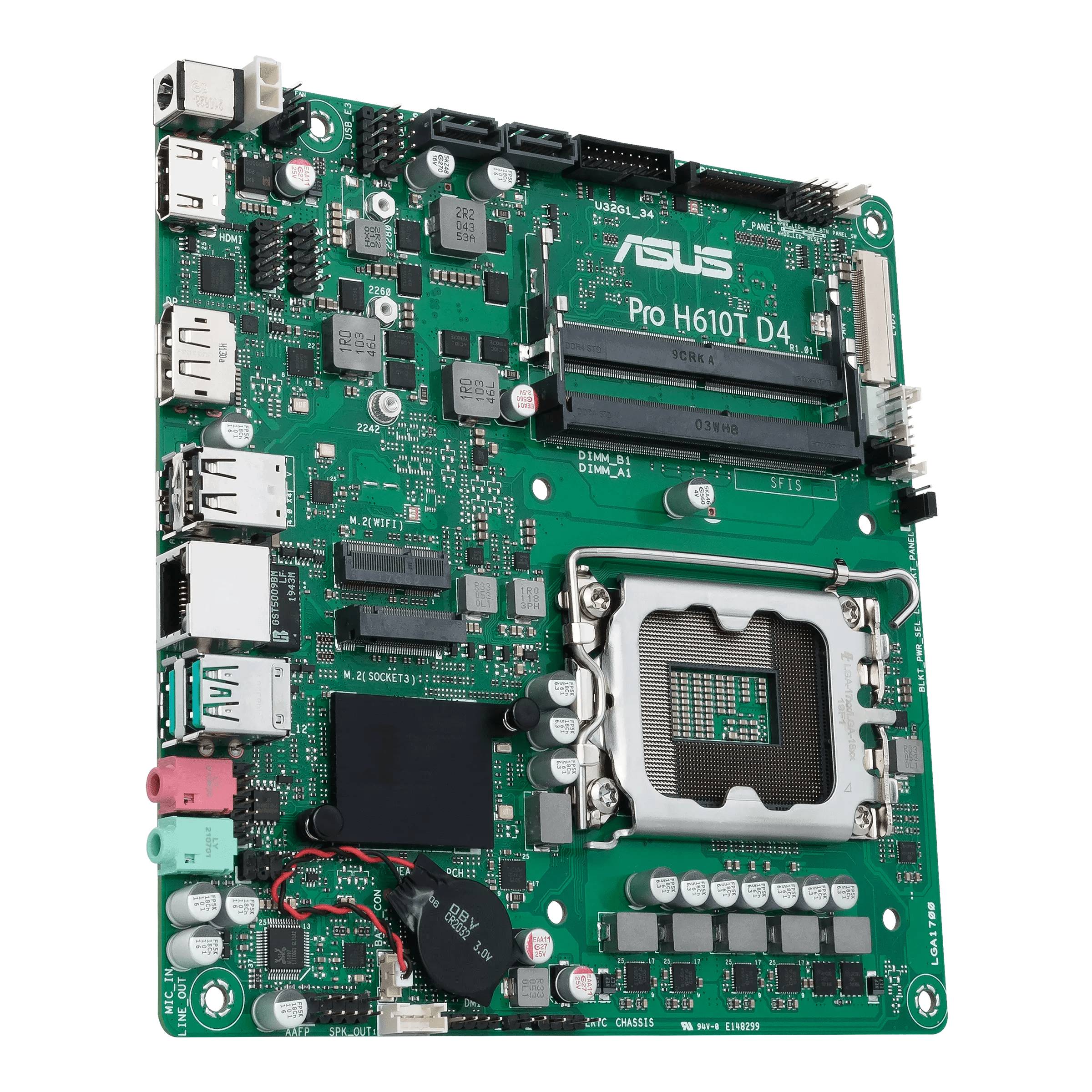 Zelená základná doska ASUS Pro H610T D4 s rôznymi rozhraniami, slotmi a komponentmi na povrchu.