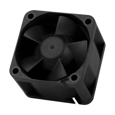 Čierny, štvorcový počítačový ventilátor s piatimi listami, namontovaný v plastovom kryte.