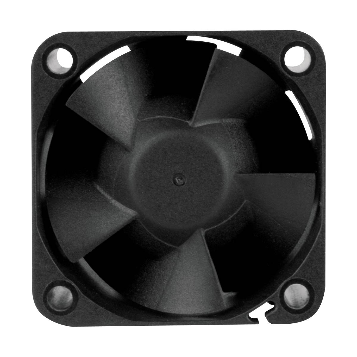 Čierny štvorcový ventilátor s piatimi listami a štyrmi upevňovacími otvormi, zobrazený spredu.