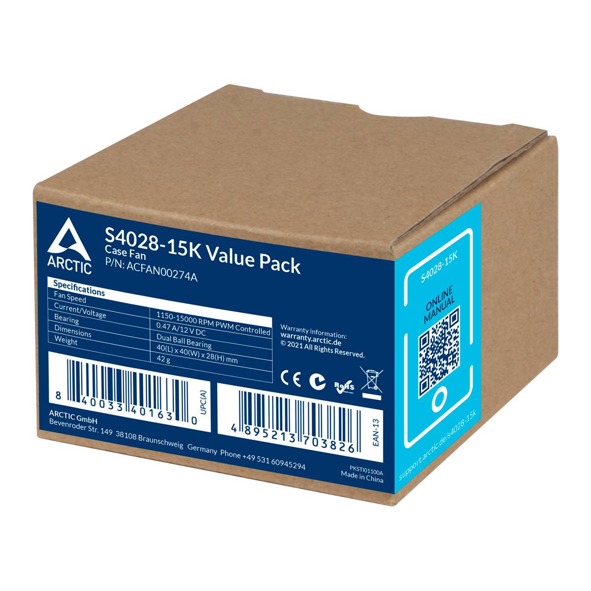 Hnedý kartón s modrým štítkom, ktorý obsahuje podrobnosti o púzdrovom ventilátore 'ARCTIC S4028-15K Value Pack' vrátane technických špecifikácií.