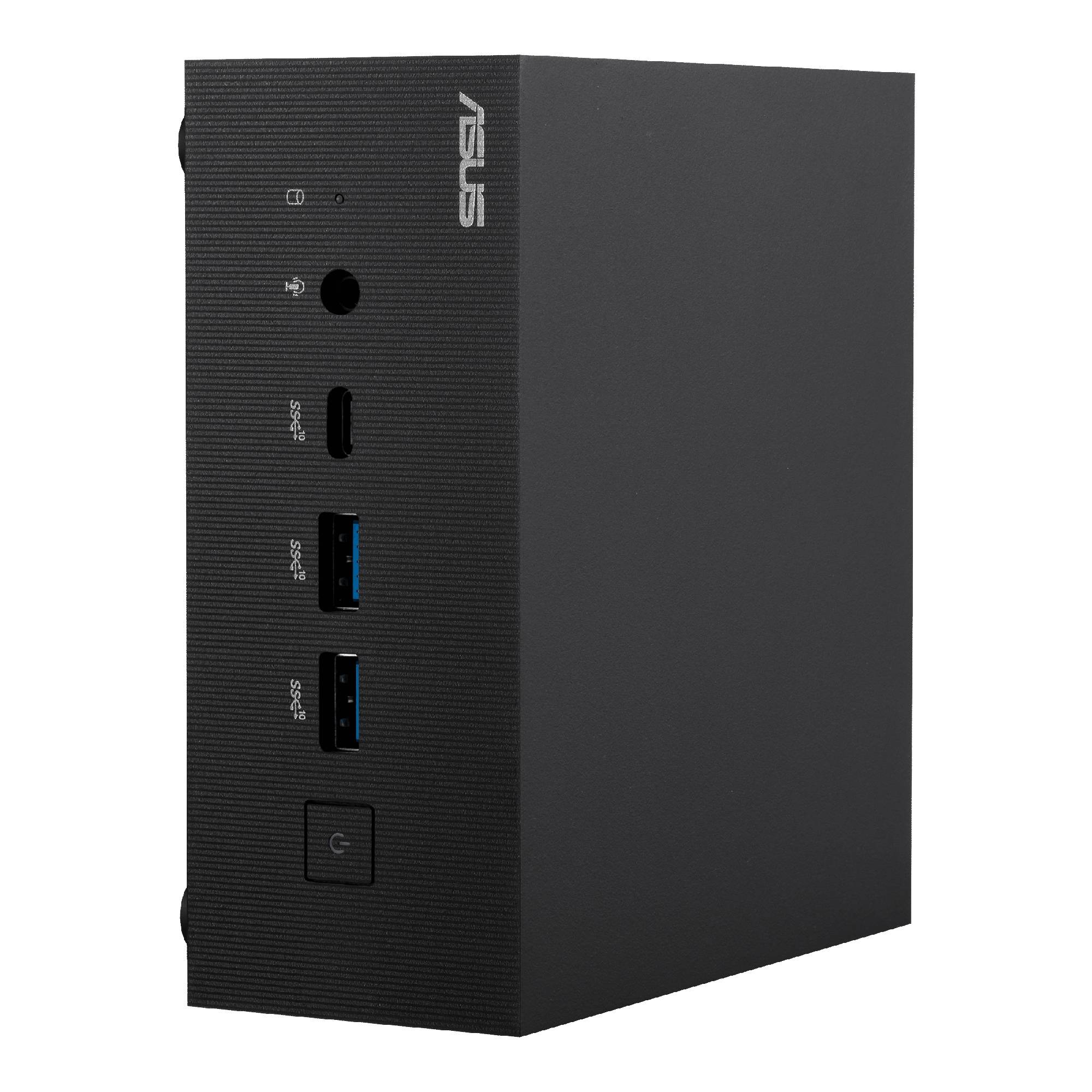 Čierny mini desktop počítač s viacerými USB a audio portami na prednej strane.