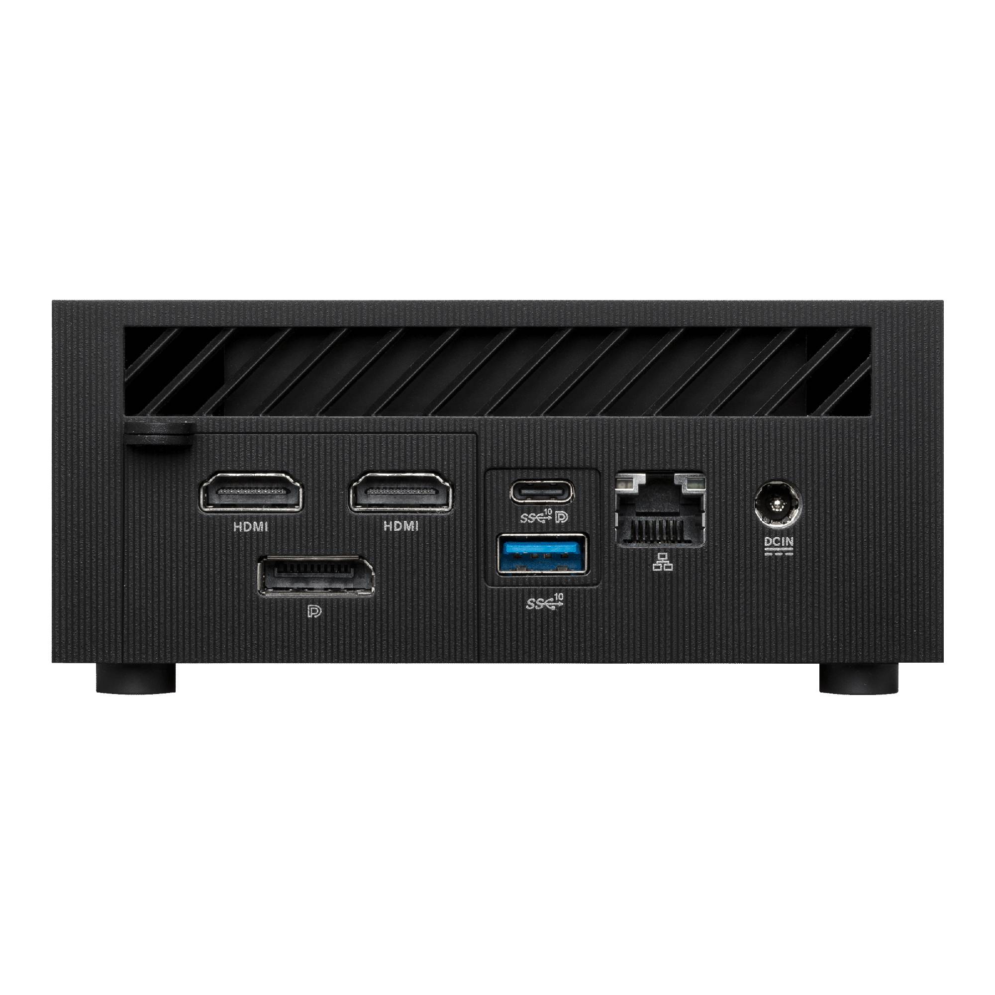 Zadná strana elektronického zariadenia s dvoma HDMI portami, DisplayPortom, USB-C, dvoma USB portami, ethernetovým portom a napájacím konektorom.