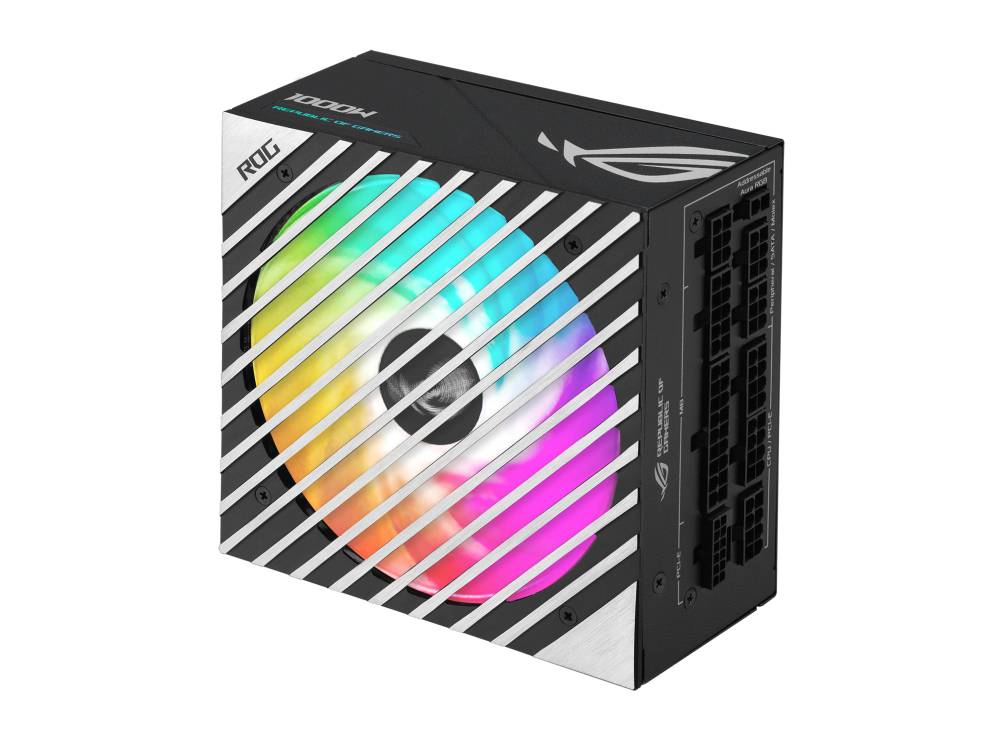 Čierna počítačová napájacia jednotka s RGB podsvietením ventilátora, logom ROG na boku a viacerými konektormi na zadnej strane.