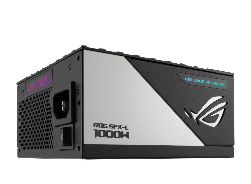 Čierna PC napájacia jednotka s fialovým logom 'ROG', textom 'Republic of Gamers' a strieborným nápisom 'ROG SFX-L 1000W'.