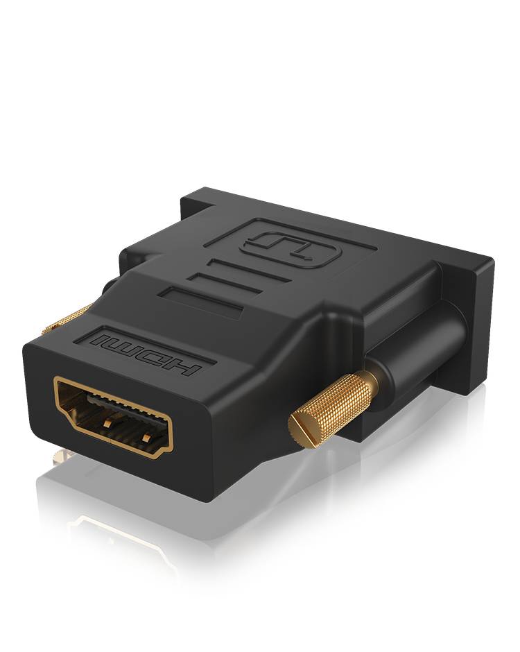 Čierny DVI-na-HDMI adaptér so zlatými konektormi, zobrazený na bielom pozadí.