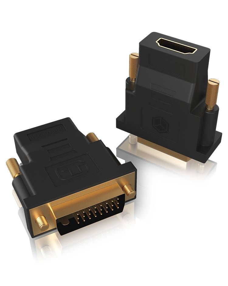 Dva čierne adaptéry so zlatými konektormi. Jeden ukazuje HDMI port hore, druhý DVI port vpredu. Sú umiestnené na reflexnej ploche.
