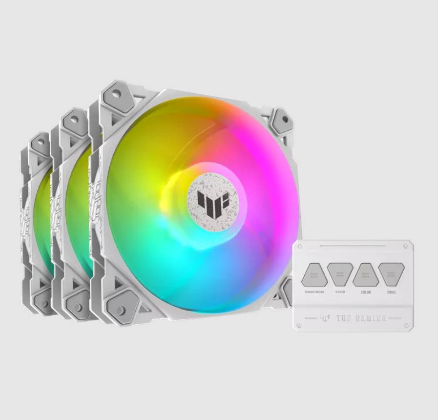 Tri počítačové RGB ventilátory so svetelným podsvietením a ovládacou jednotkou.