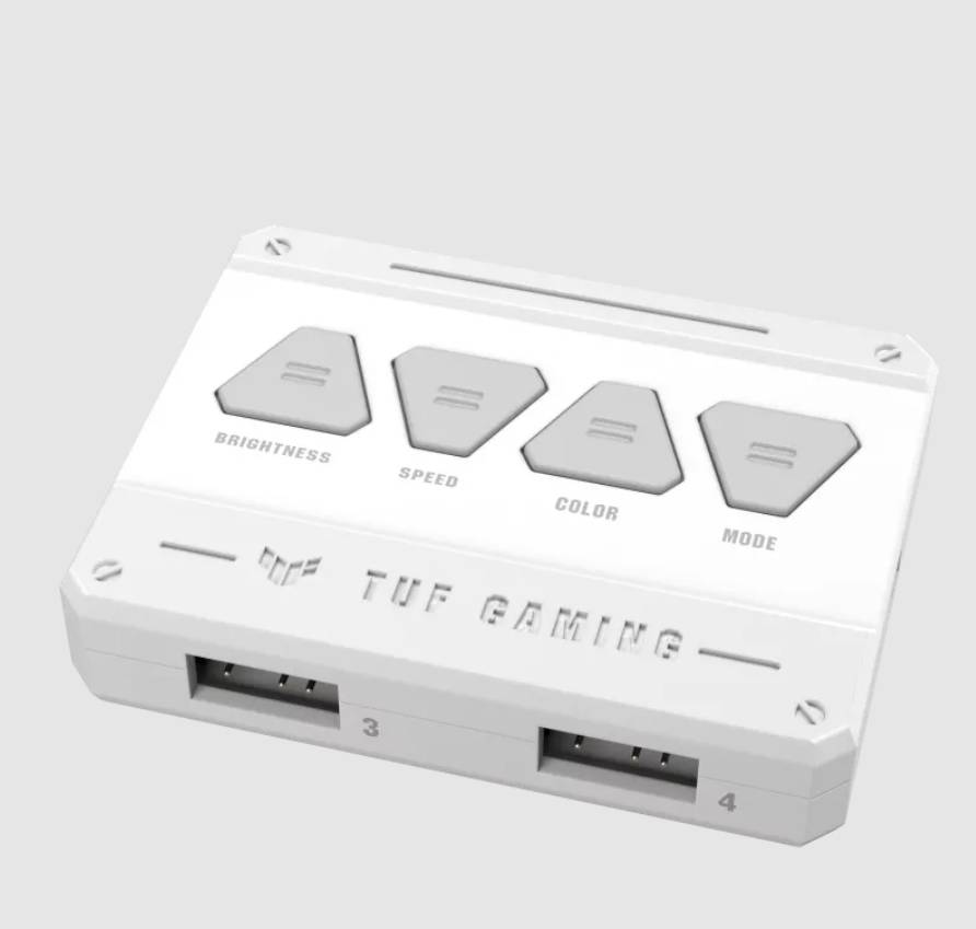 Ovládacia jednotka pre hernú podsvietenie, biela, so štyrmi tlačidlami: 'Jas', 'Rýchlosť', 'Farba', 'Režim' a dvoma USB portami dole.