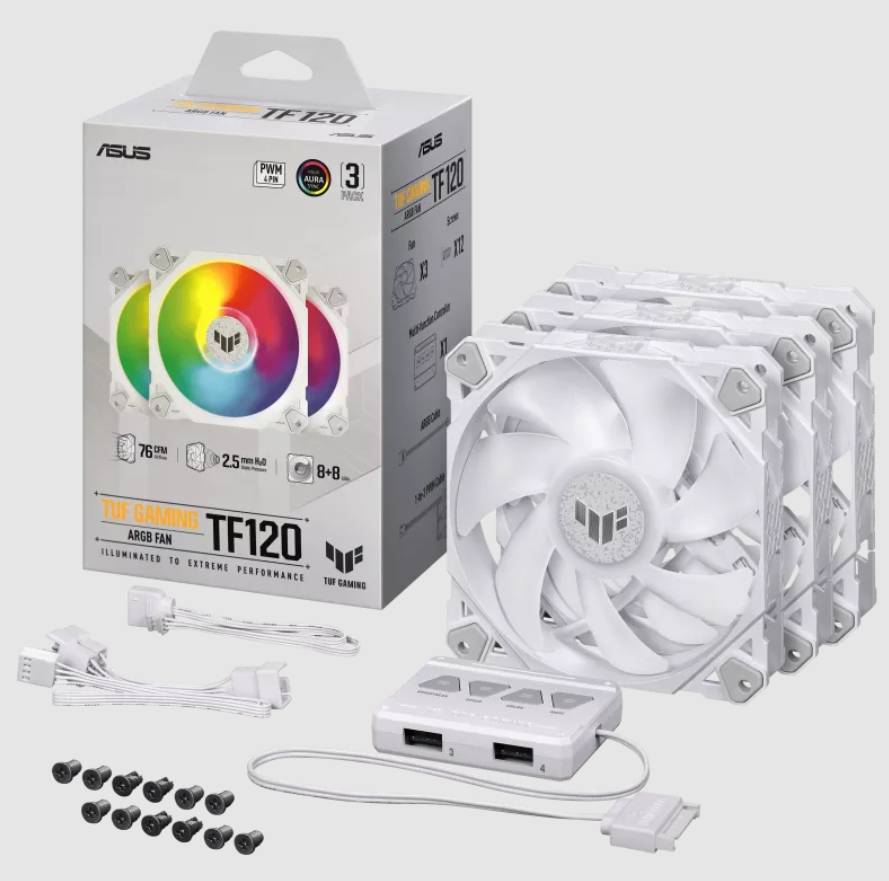 Tri biele počítačové ventilátory s RGB podsvietením od ASUS TUF Gaming, model TF120. Balenie a upevňovacie časti sú viditeľné.