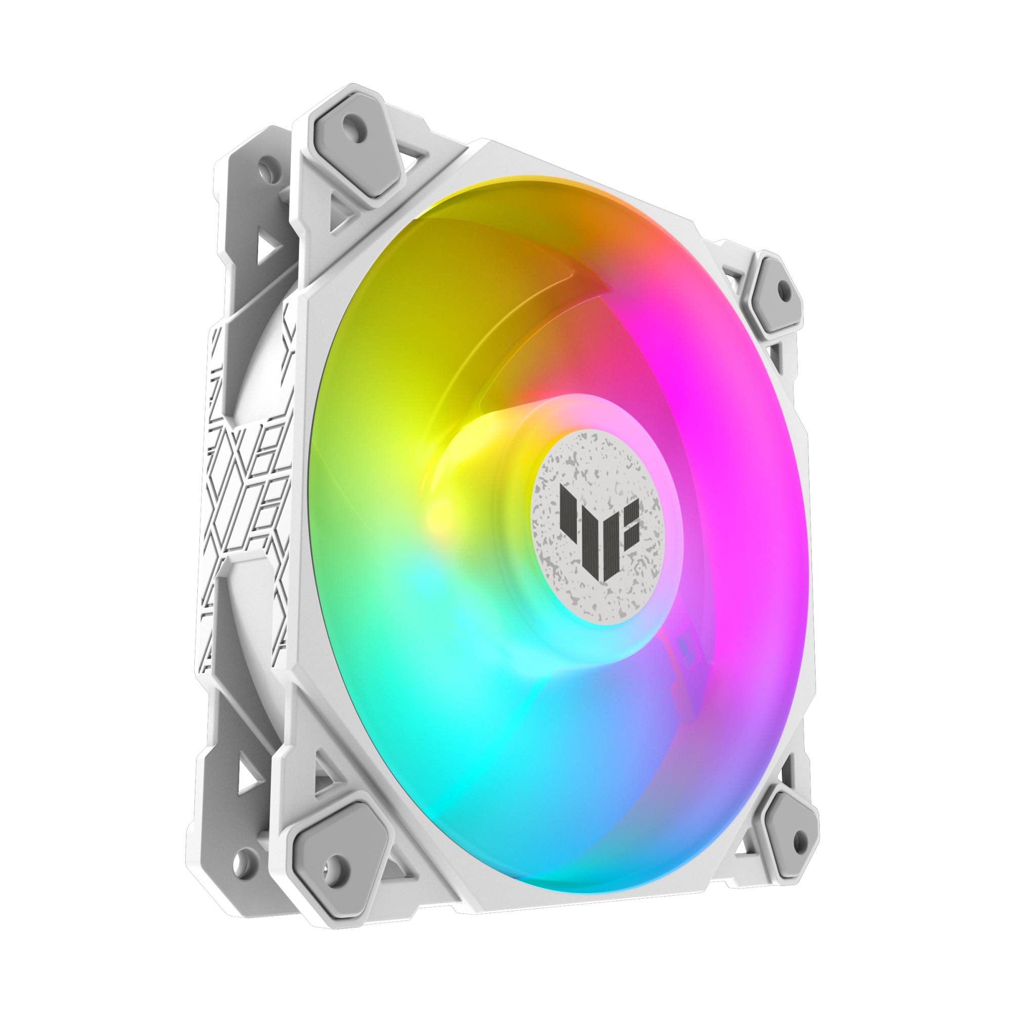 Biely počítačový ventilátor s RGB LED podsvietením v dúhových farbách. Logo TUF je viditeľné v strede.