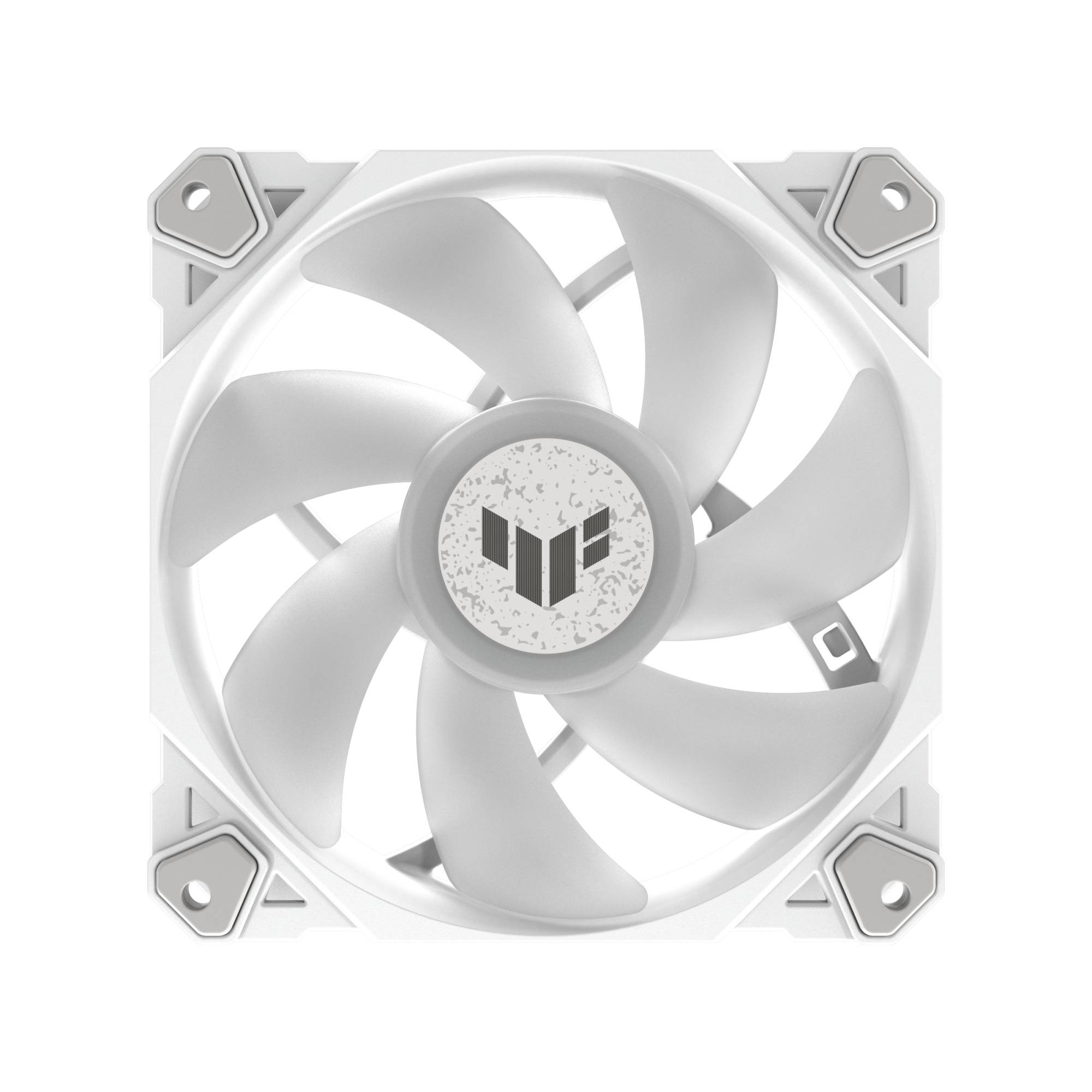 Biely počítačový ventilátor s piatimi listami a centrálnym logom, namontovaný vo štvorcovom ráme so štyrmi otvormi pre skrutky.