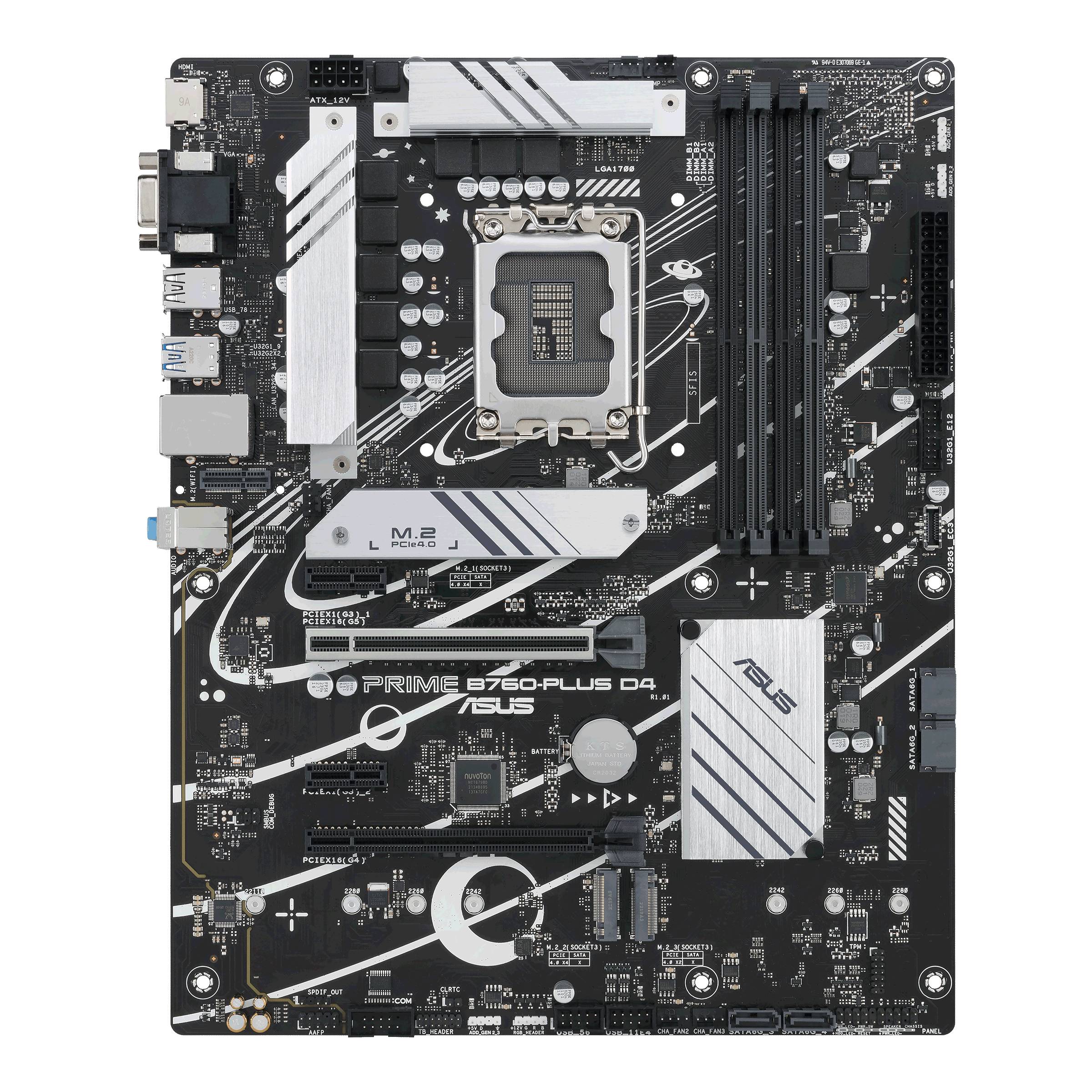 Hlavná doska s viacerými konektormi a slotmi vrátane slotov pre RAM, CPU a PCIe. Nápis "PRIME B760-PLUS D4 ASUS".