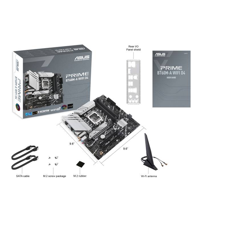Obrázok zobrazuje základnú dosku ASUS PRIME B760M-A WIFI D4 vrátane pôvodného balenia, antén, káblov a manuálu. Príslušenstvo je riadne označené.