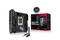 Základná doska ASUS ROG Strix B760-I Gaming WiFi a jej škatuľa. S RGB podsvietením, rôzne konektory viditeľné z boku. Obsahuje anténu.