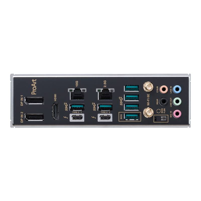 Zadná strana základnej dosky počítača s viacerými portami: Dva DisplayPorty, HDMI, Ethernet, USB porty, audio porty.