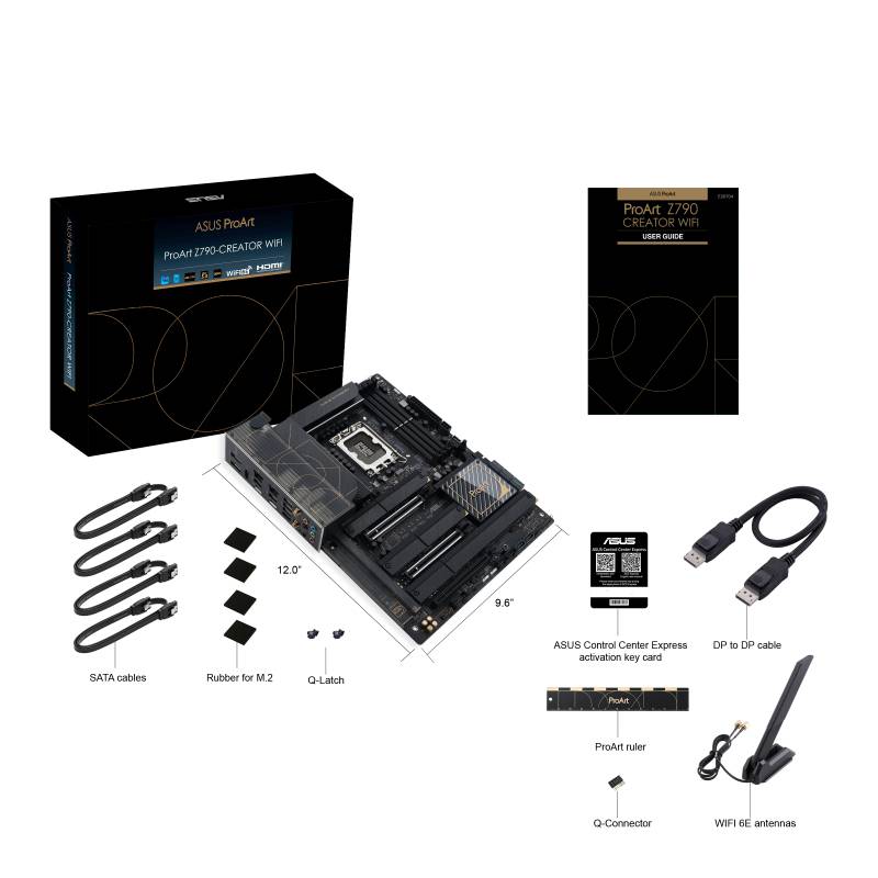 'ASUS ProArt Z790-Creator WiFi základná doska s príslušenstvom vrátane SATA káblov, WiFi antén a sieťového adaptéra.'