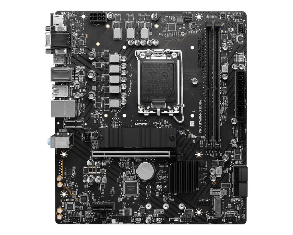 Čierna základná doska počítača s niekoľkými konektormi, čipmi a slotmi pre RAM a CPU. Disponuje HDMI a USB portami.