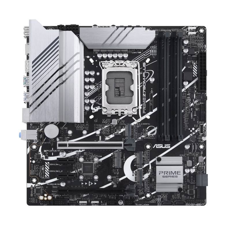 Čierna počítačová základná doska značky 'ASUS Prime' so striebornými chladičmi a viacerými rozširovacími slotmi.