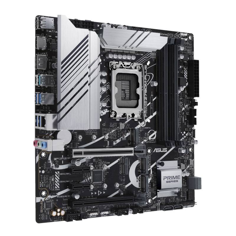 Čierna základná doska ASUS Prime so striebornými chladičmi, PCIe slotmi a pamäťovýmibankami, vhodná pre zostavenie stolného počítača.
